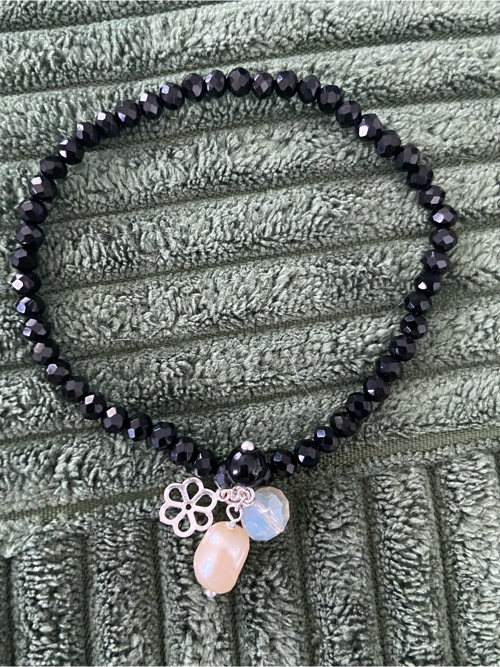 Black Faceted Bead Bracelet with Opalescent and Flower Charms - Women Jewelry
